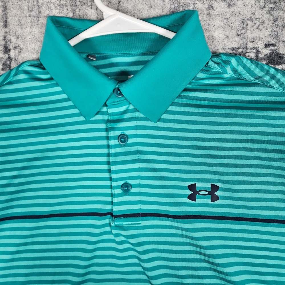 Under Armour Playoff Polo Shirt Mens Size M Green Striped Short Sleeve Stretch